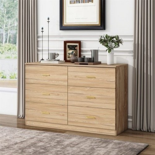 6 Drawer Double Dresser, Wide Chest Of Drawers With Golden Handles, Modern Wooden Storage Organizer For Bedroom Hallway Closet Living Room Nursery
