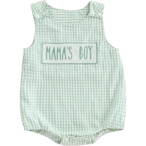 Mama's Boy Onesie Infant Baby Boy Gingham Romper Newborn Summer Overalls Embroidery Sleeveless Bubble Bodysuit
