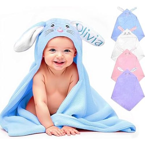 Custom Hooded Baby Towel with Name, Personalized Soft Absorbent Bunny Bath Towel, Shower Towels for Girls Boys, Easter Brithday for Kids, Baby, Toddler, Newborn Essential