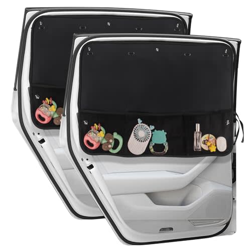 DIZA100 Car Sun Shade Side Window, 2 Pack Blackout Car Window Shade for Baby with Storage Net Pockets Car Window Curtain 7 Suction Cups for Heat/UV Protection Sun Blocker
