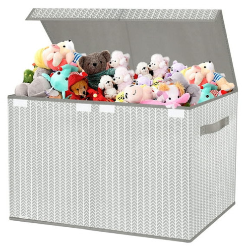 Large Toy Box Chest Organizer Bins for Boys Girls Kids, Collapsible Fabric Storage Basket Container with Flip-Top Lid & Handles for Clothes,Blanket,Nursery,Playroom,Bedroom, Herringbone Pattern(Gray)