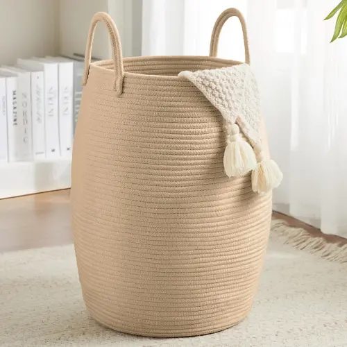 Large Laundry Hamper Basket by Fiona's magic, 65L Woven Tall Clothes Hamper for Storage Blanket, Toys and Dirty Cothes in Bedroom and Living Room Organizer, Brown