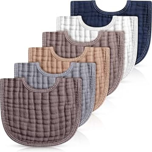 Frienda 6 Pcs Muslin Bibs Burp Cloths for Baby Teething Bandana Bibs 6 Absorbent Layer for Baby Boy Girl Cotton Burping Cloth(Gray Series)