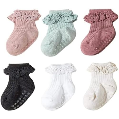 Meeshine Baby Toddler Girls Anti Slip Ruffle Socks with Grips Newborn Infant Cotton Non Skid Frilly Dress Socks, 5 Packs