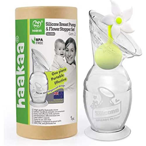 Haakaa Manual Breast Pump Silicone Breast Pump Milk Saver Milk Pump with Suction Base and Flower Stopper 100% Food Grade Silicone BPA Free (5oz/150ml) (White)
