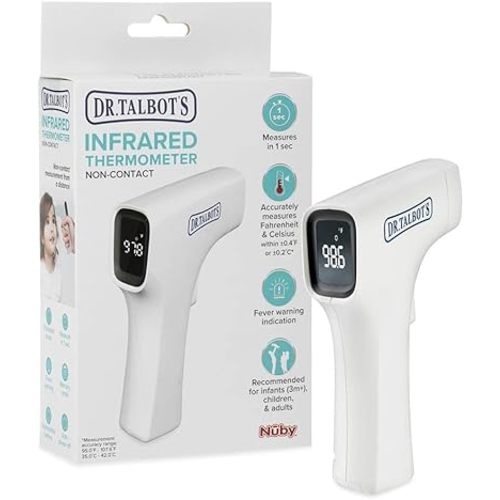 Dr. Talbot's Easy Handle Non-Contact Infrared Thermometer with Led Screen, Fever Warning Indicator, Accurate 1 S Reading for Baby, Kids, & Adults, White