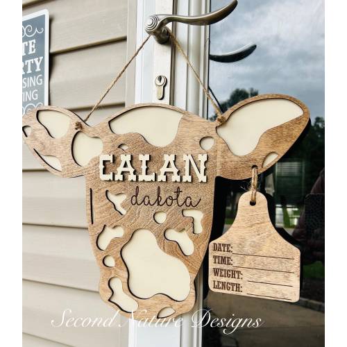 Baby Boy Cow Birth Stats Sign / Nursery Announcement / Cattle Tag Hospital Door Hanger Boy / Wood Birth Sign / Western Baby Sign Cow Head