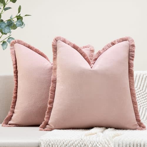 Farmhouse Pillow Covers 18x18 Set of 2 Dusty Pink Throw Pillow Covers with Fringe Chic Cotton Decorative Pillows Square Cushion Covers for Sofa Couch Bed Living Room Boho Decor