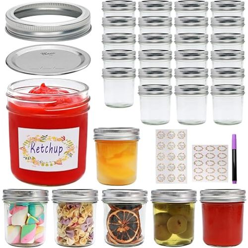 Mason Jars Herb Canister, 6 OZ Glass Mason Jar with Regular Lids and Metal Divider, Rustic Country Style Storage Container for Bathroom, Kitchen, Living Room, Office,Set of 30