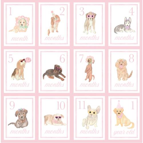 Pink Puppy Watercolor Monthly Milestone Card Set - Baby Girl