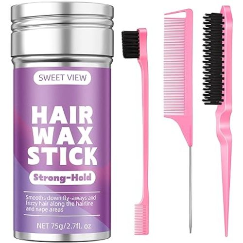 Hair Wax Stick & Slick Back Hair Brush for Tame Flyaways, Frizz, Sleek Ponytail, Buns | Pomade/Balm/Gel Stick for Woman, Styling Accessories for Girls