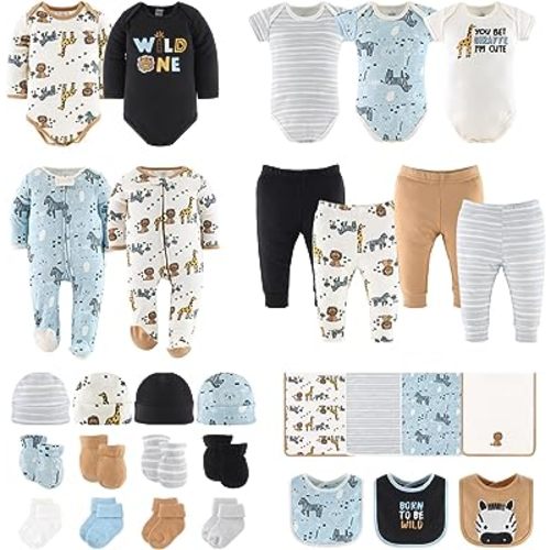The Peanutshell Baby Layette Gift Set for Baby Boys or Girls - 30 Piece Unisex Baby Clothes Newborn to 9 Months - Safari