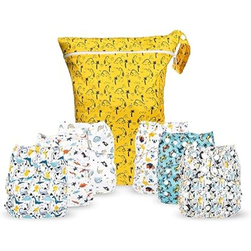 Simple Being Reusable Cloth Diapers, Double Gusset, One Size Adjustable, Washable Soft Absorbent, Waterproof Cover, Eco-Friendly Unisex Baby Girl Boy, six 4-Layers Microfiber Inserts (Dinosaur)