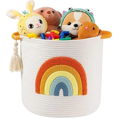 INough Toy Storage Baskets Woven Cotton Rope Storage Basket Kids Blanket Baskets for Living Room, Toys Organizer with Embroidery Colorful Rainbow Decor, Baby Basket for Laundry Nursery (Boho Rainbow)
