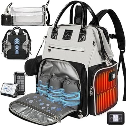 Award-Winning Smart Diaper Bag with Wireless Solar Power Bank + Changing Station, 100% Nylon, Heated Pockets with Timer & Temp Control, Insulated Compartments, Water-Resistant, Organizational Pockets