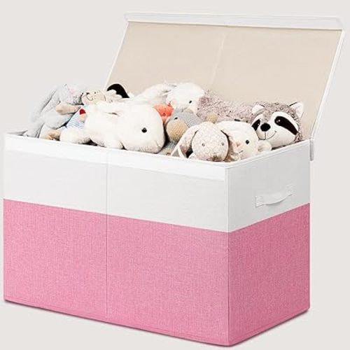 INDRESSME 25"x13"x16" Large Toy Storage Box with Lid, Collapsible Storage Organizer Baby Toy Storage for Kids Boys Girls, Toy Bin Organizer for Nursery, Bedroom, Living Room (Pink & White)
