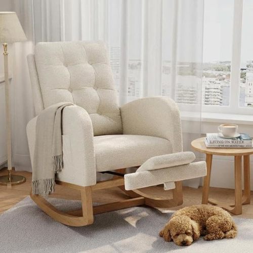 Modern Rocking Chair for Living Room, Comfortable Recliner Rocker with Side Pocket, Soft Linen Upholstered Glider Chair for Bedroom, Nursery, Lounge-Beige
