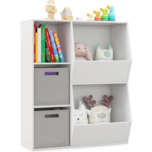 Toy Storage Organizer with Bins, 5 Cube Kids Bookshelf w/Anti-Toppling Devices, Wood Toy Storage Shelf, Kids’ Bookcases, Cabinets & Shelves, Book Shelf for Classroom, Playroom, Nursery