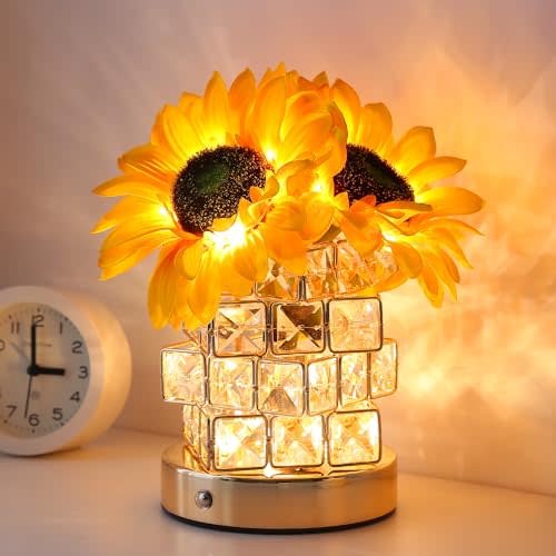AMWGIMI Sunflowers Flower Lamp,Rechargeable Cordless Touch Table Lamp,3-Colour Infinitely Dimming Small Night Light,Festival Restaurant Bedroom Bar Coffee Shop Birthday Gifts for Women Mom