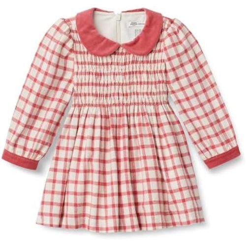Amazon Essentials x Sofia Grainge Toddler and Baby Girls' Long Sleeve Flannel Dress with Velvet Collar, Fit and Flare