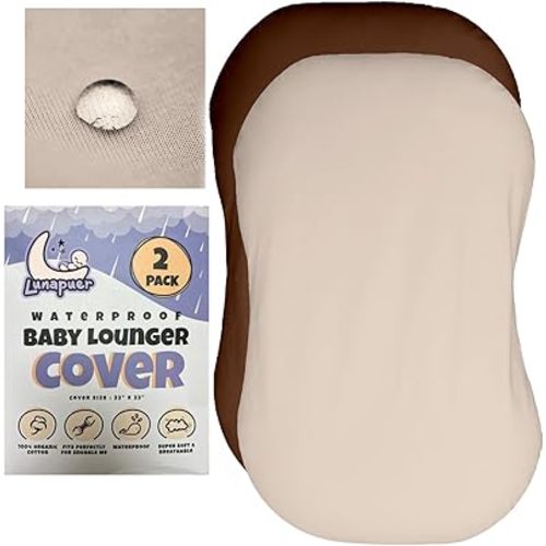 100% Waterproof Baby Lounger Cover - 2-Ply Organic Cotton Slipcovers Keep Your Lounger Clean & Your Baby Comfy - Machine Washable - (Lounger Not Included) - 2-Pack Includes Cream & Brown