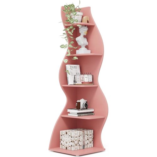 Tribesigns Corner Shelf, Modern 5-Tier Wall Corner Bookshelf, Stylish Corner Small Bookcase Storage Rack Plant Stand with Unique Shape for Living Room, Home Office (Pink, 1PC)
