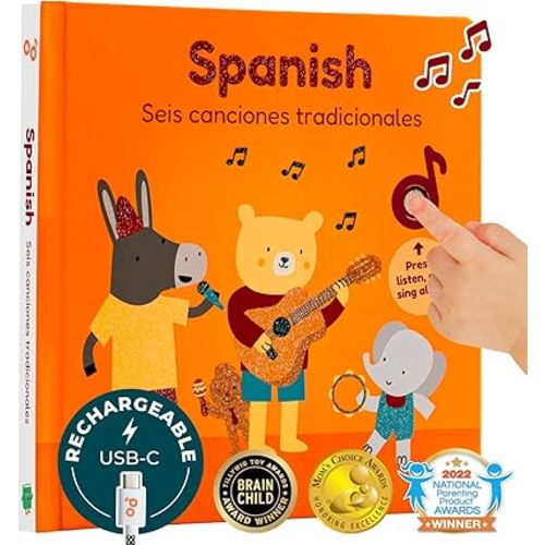 Cali's Books Spanish USB C Rechargeable Musical Book | Spanish Baby Books with 6 Songs | Libros en español para Niños y Bebes | Learn Spanish for Kids | Bilingual Musical Books for Toddlers 1-3