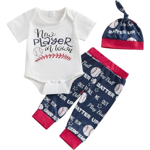 Chloefairy Newborn Baby Boy Baseball Outfit New Player in Town Romper Baseball Jogger Pants 3Pcs Coming Home Outfit