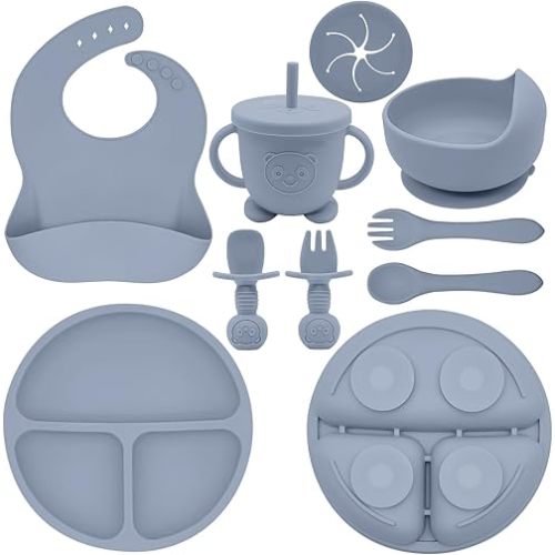 Silicone Baby Feeding Set | Baby Led Weaning Supplies Includes Suction Bowls and Divided Plates, Adjustable Bib, Baby Utensils Spoons and Forks,Cup | Baby Feeding Essentials (Blue Gray)