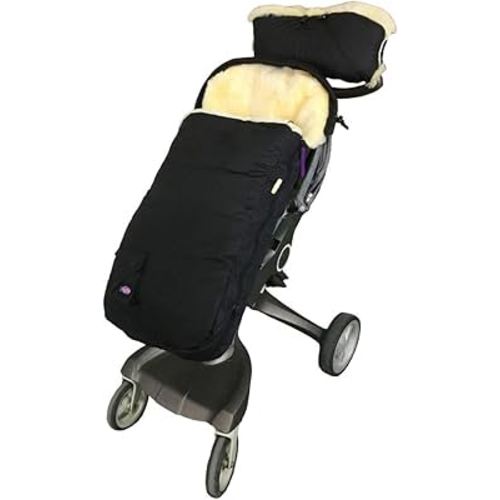 Waterproof 100% Australia Lambskin Universal Stroller Footmuff,Soft Cuddle Lambskin Bunting bag Included Extra Thick Sheepskin Gloves Anti-Freeze Stroller Handmuff,Beige