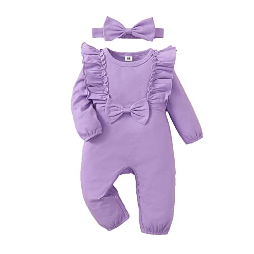 Sanpersonlin Baby Girl Solid Color Ruffle Sleeve Romper Infant Bodysuit One Piece Jumpsuit and Headband Clothes Outfits