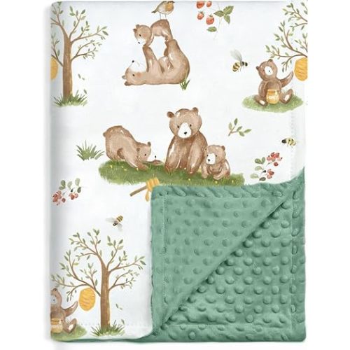 BOPRIO Baby Blankets for Unisex Boys Girls, Super Soft Nursery Minky Blankets with Baby Bear Design and Dotted Fleece Backing, Printed Bed Throws Newborn