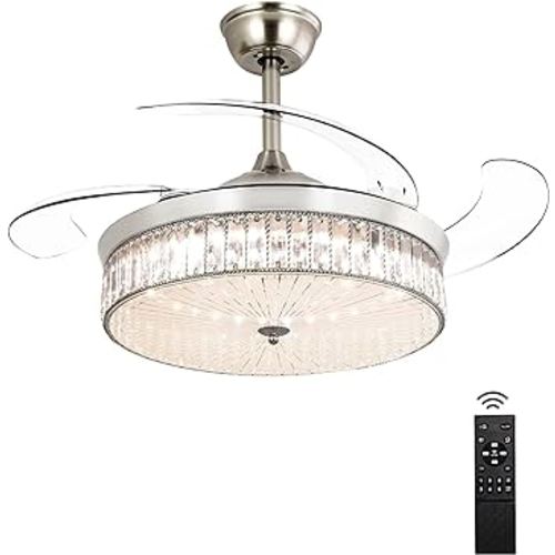 Ohniyou 42" Retractable Ceiling Fan with Light and Remote,Crystal Chandelier Ceiling Fan for Bedroom Living Room Indoor (Chrome Silver)