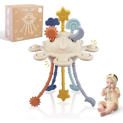 TYRY.HU Silicone Baby Sensory Montessori Toys, Food Grade Silicone Push Pull String Fidget Toys for Babies 18 M+, Travel Toy for Plane, Car, and Stroller