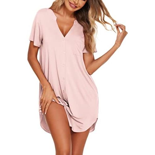 Ekouaer Women V Neck Button Down Nightgown
