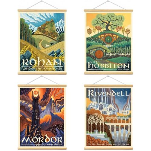 Middle Earth Landscape Wall Art Prints Canvas PaintingFantasy Posters, Wall Pictures, For Travel Gift, Canvas Art with Frames, For Office Home Decor Bedroom Living Room Wall Decor. (4pcs-A, 20*26in, Framed)