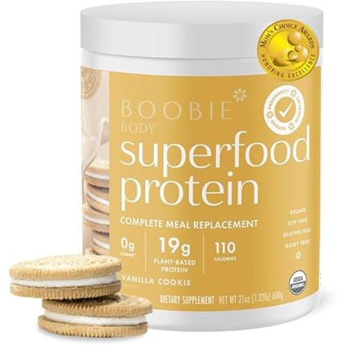 Boobie Body Superfood Protein Meal Replacement Shake, Vanilla Cookie Flavor | 19g Protein | Safe for Pregnancy, Lactation, & Motherhood | Organic, Vegan, Zero Sugar, 1 Tub (20 Servings)
