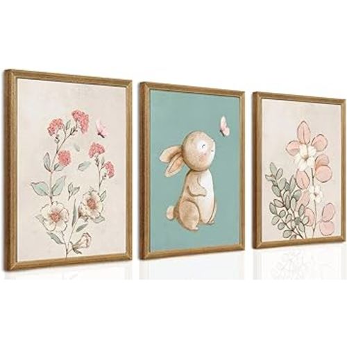 arfitest Nursery Wall Art Cute Bunny Botanical Flowers Wall Decor Pink Green Nursery Pictures Posters Girl Bedroom Canvas Prints gifts for Baby Boys and Girls Playroom paintings 12x16inch