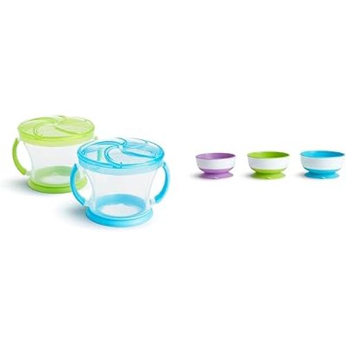 Munchkin® Snack Catcher® Toddler Snack Cups, 2 Pack, Blue/Green & Stay Put™ Suction Bowls for Babies and Toddlers, 3 Pack, Blue/Green/Purple - Blue/Green + Suction Bowls