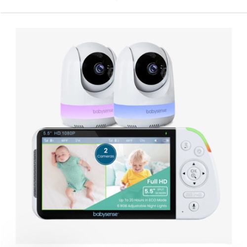 Babysense Max View: Video Baby Monitor with 2 Cameras, Split Screen, Non Wifi, Night Light & Sound Machine
