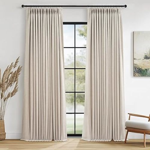 Topfinel Beige Pinch Pleated Full Blackout Curtains Linen Blended Room Darkening Window Curtains, 2 Panel 40" Wx95 L