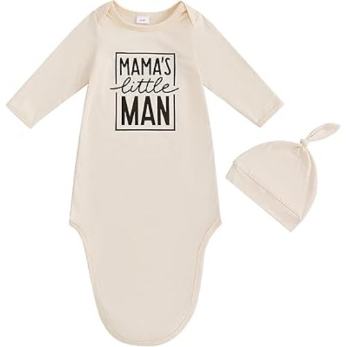 Newborn Baby Boy Hospital Coming Home Outfit Fall Winter Sleep Gown Nightgown Preemie Sleeper Knotted Gown Hat Set