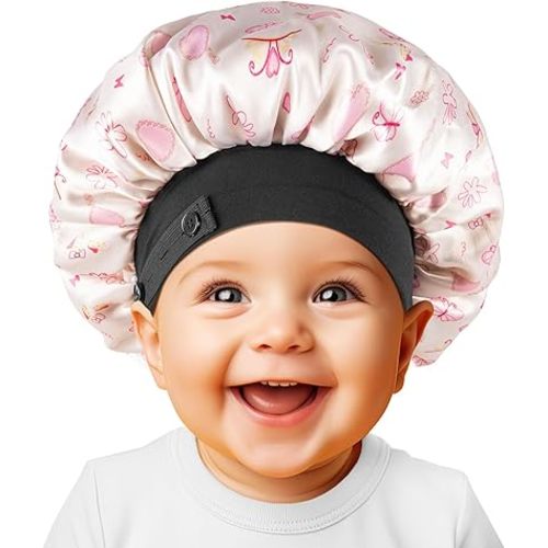 Baby Bonnet, Soft Silk Satin Bonnet for Girls Boys Infant, Double Layer & Wide Elastic Band Kids Sleeping Cap, Adjustable Night Hat for Toddler Child Natural Hair Curly Hair, Beige Heart