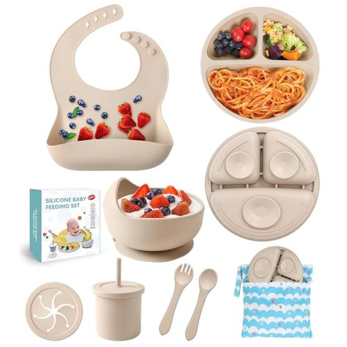 Silicone Baby Feeding Set,10 Pcs Baby Led Weaning Supplies Baby Eating Essentials Set with Suction Bowl Divided Plate Adjustable Bib Soft Spoon Fork Cup with Lid Drinking Cup, Travel Bag (Beige)