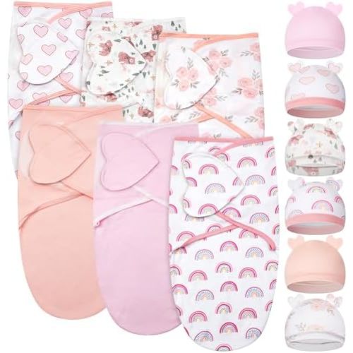 Ramede 6 Pack Baby Swaddle Blanket with Hats Sleep Swaddle for 0-3 Months Newborn Sacks Soft Cotton Wearable for Boy Girl
