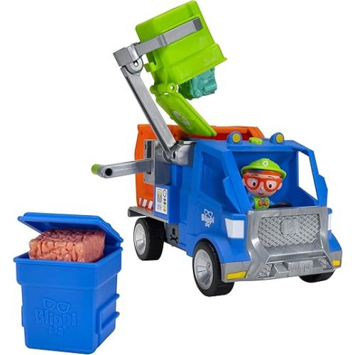 Blippi Recycling Truck - Includes Character Figure, Working Lever, 2 Trash Cubes, 2 Recycling Bins - Sing Along with Popular Catchphrases - Educational Toys for Kids - Amazon Exclusive