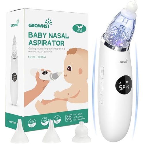 GROWNSY Nasal Aspirator for Baby | Baby Nose Sucker | Electric Nose Suction for Toddler, Ergonomic Booger Sucker with 3 Silicone Tips, Pause & Music & Light Soothing Function