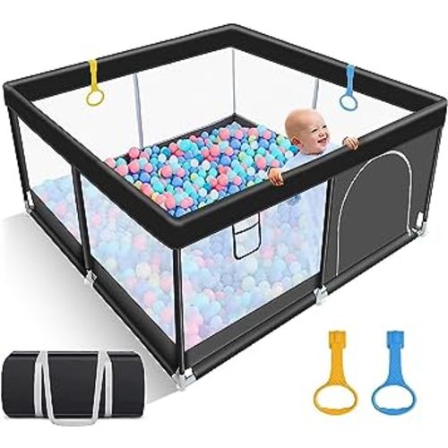 Black Baby Playpen for Toddler, Large Baby Playard, Indoor & Outdoor Kids Activity Center with Anti-Slip Base, Sturdy Safety Play Yard with Soft Breathable Mesh, Playpen for Babies