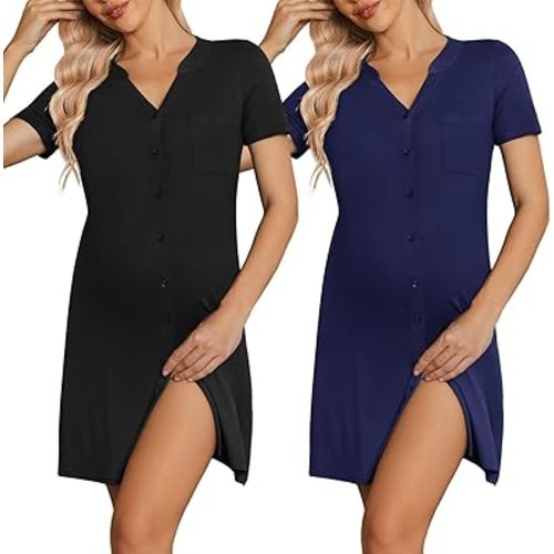 Ekouaer 2 Pack Maternity Nightgown Button Down Nursing Gown 3 in 1 Breastfeeding Sleepwear V Neck Short Sleeve Delivery Dress