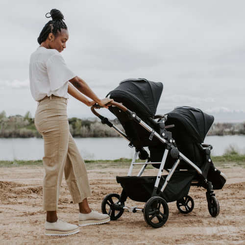 Mockingbird Single-to-Double Stroller 2.0 - Sky/Watercolor Canopy With Penny Leather